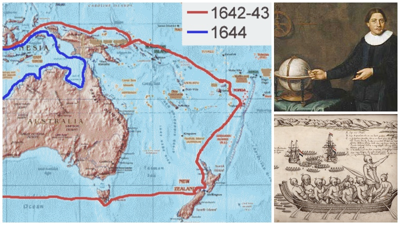 La expedición de 1642-43 (en rojo), Abel Tasman y un dibujo hecho por Tasman de la bahía de los asesinos